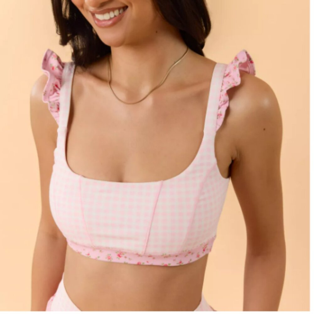 Blogilates Ruffle Corset Sports Bra Pink Gingham  Large